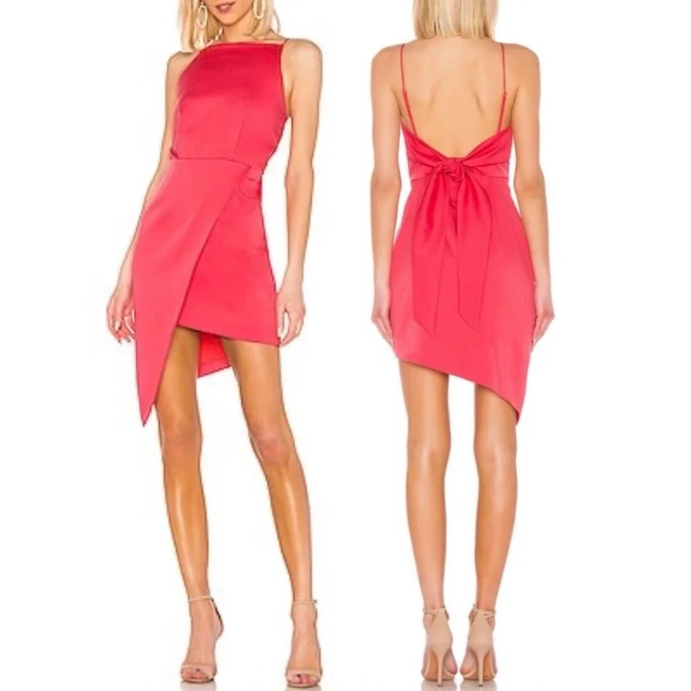 ELLIATT Satin Asym Mini Dress Melon Coral Pink Open Back Bow XS Party Cocktail